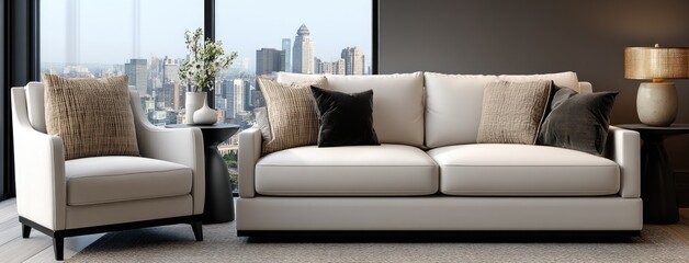 Modern living room features a grey sofa adorned with a knitted blanket, a potted plant, and beige carpet, showcasing Scandinavian design