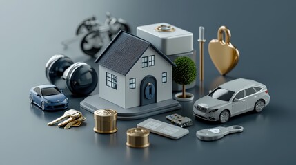 An illustration of various valuable assets including a miniature house, cars, weights, jewelry and safe suggesting wealth and personal property management.