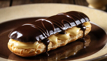  Glossy chocolate éclair with smooth dark chocolate glaze, filled with creamy vanilla custard