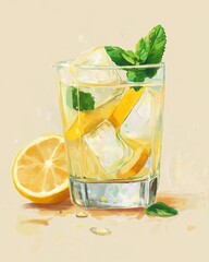 Refreshing Lemon Drink with Ice and Mint – Summer Beverage Illustration. Healthy lifestyle, summer drinks, wellness, hydration, menu design, food illustration, web design, advertising

