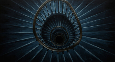 Descending Elegance: A spiral staircase of a building, photographed from an interesting angle. the elegance and architectural design of the structure.