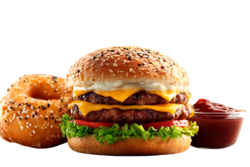 Delicious-looking double cheeseburger alongside a donut, ideal for a quick bite or fast food meal.