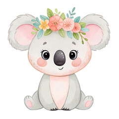 Cute coala in a flower crown. Watercolor isolated illustration.