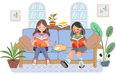 Girls, Students, collegian are sitting and reading books to review their knowledge. vector, illustration.