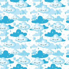 Delicate clouds, seamless pattern with sky, cartoon style for design. Happy childhood dreams.