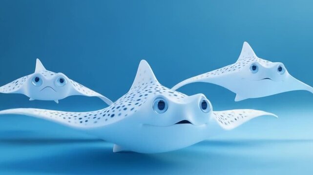 Three cartoonish stingrays swimming gracefully in a blue underwater environment, showcasing playful expressions