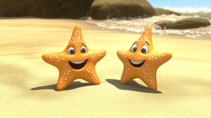Two cheerful cartoon starfish stand side-by-side on a sandy beach.