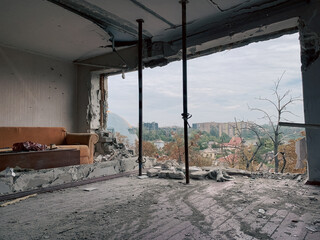 ruined street and destroyed houses the city war in Ukraine
