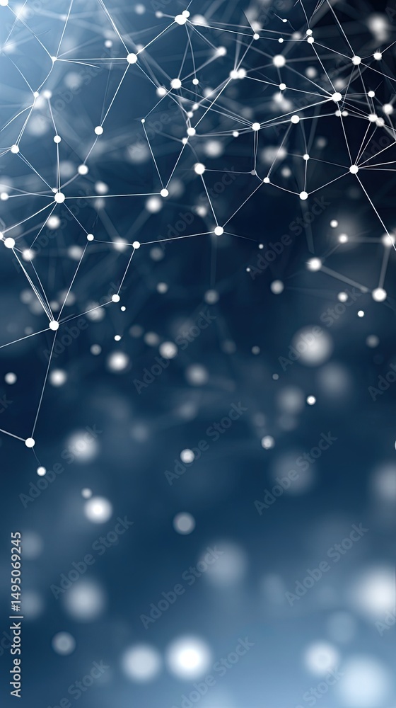 Poster glowing lines and shapes create a global network concept on a blue backdrop with a detailed world ma