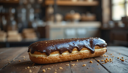  Glossy chocolate éclair with smooth dark chocolate glaze, filled with creamy vanilla custard