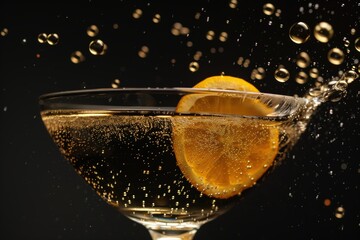 Elegant Cocktail Splash with Lemon Slice – Luxury Beverage Concept. Drink advertisements, bar and nightlife promotions, beverage packaging, and elegant event invitations.

