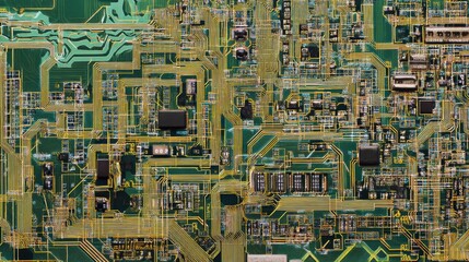 A detailed full-focus macro view of a machine control PCB, deep olive green board, high-density soldered tiny transistors, diodes, microcontrollers, and capacitors, precise copper routes, no depth of 