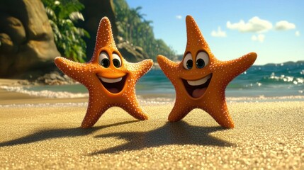 Two cheerful cartoon starfish on a sandy beach scene.