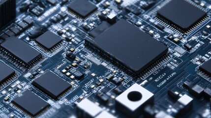 Fototapeta premium A detailed macro shot of a robotics controller board, dense dark blue PCB, interconnected chips and modules, clear silkscreen labels, gray matte workspace background.