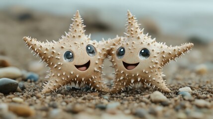 Two happy cartoon starfish on sandy beach.