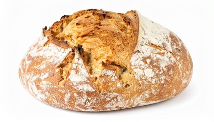 Freshly baked sourdough bread loaf on white background with full depth of field for artisanal or healthy food concept
