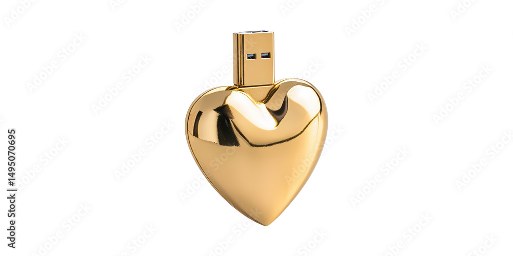 Poster Golden Heart-Shaped Usb Flash Drive. Stylish Data Storage With Elegant Design Isolated On Transparent Background
