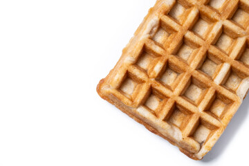 Golden Brown Belgian Waffle Isolated on White Background. Top view. Copy space