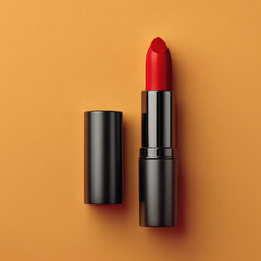 Obraz premium Vibrant red lipstick sits elegantly beside its sleek black casing against warm orange background, evoking sense of bold beauty and creativity