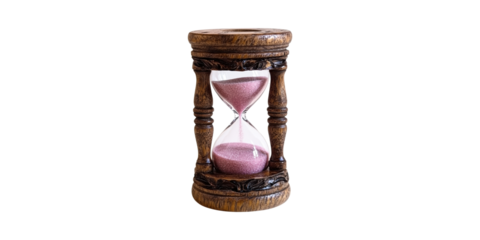 Antique Wooden Hourglass With Pink Sand. Symbol Of Time Management And Patience Isolated On Transparent Background
