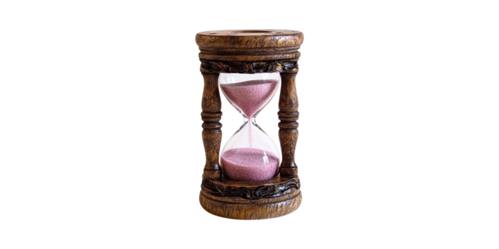 Antique Wooden Hourglass With Pink Sand. Symbol Of Time Management And Patience Isolated On Transparent Background