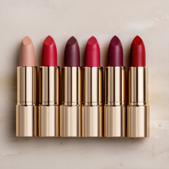 Warm lipsticks arranged in gradient display, showcasing variety of shades from nude to deep red. This flat lay captures elegance and beauty of makeup products, perfect for beauty enthusiasts