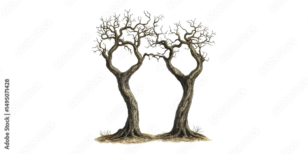 Poster two intertwined leafless trees. symbol of connection and natural harmony isolated on transparent bac