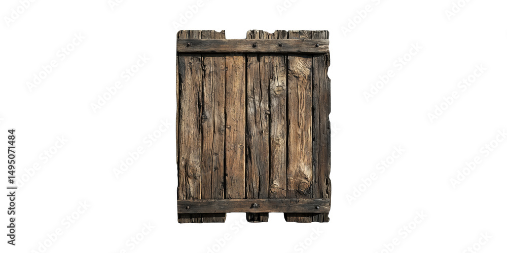 Poster rustic wooden door with weathered texture. vintage charm and historical architecture element isolate