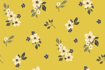 Seamless floral pattern, liberty ditsy print in vintage motif. Elegant botanical design of small hand drawn plants, simple white flowers, leaves, tiny bouquets abstract on yellow. Vector illustration.