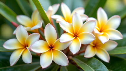 Obraz premium Plumeria Blossoms: A close-up shot showcases the delicate beauty of Plumeria flowers, their creamy white petals adorned with a vibrant yellow center.