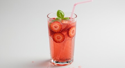 Refreshing Strawberry Basil Drink with Pink Straw