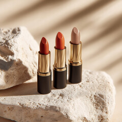 Luxurious lipstick set in warm tones displayed on textured stone surface, showcasing rich colors and elegant packaging. Perfect for beauty enthusiasts seeking sophisticated look