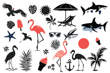 Collection of summer beach elements silhouette, flamingo, fish, tropical, ice cream fish vector illustration isolated
