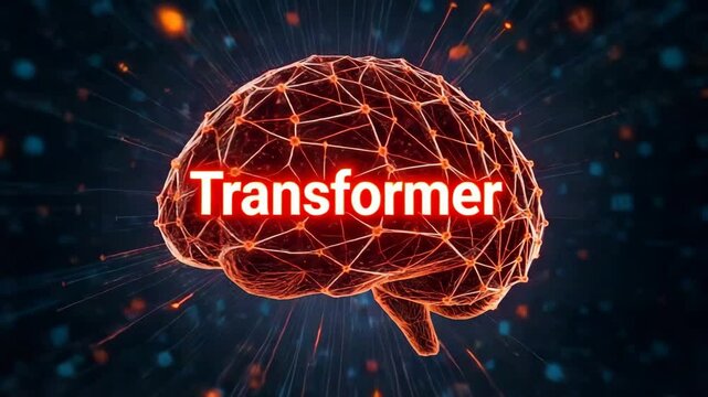 Transformer neural network architecture visualized on glowing brain, representing foundation of modern AI