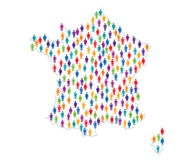 Colorful human icons form the shape of france map