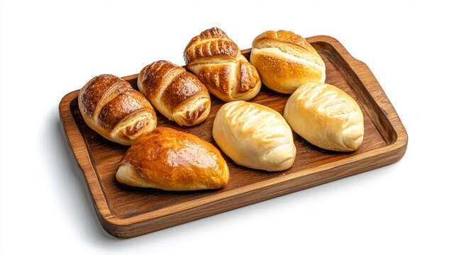 A selection of freshly baked buns arranged neatly on a wooden tray creates an inviting display of artisanal breads against a clean white background studio shot.
