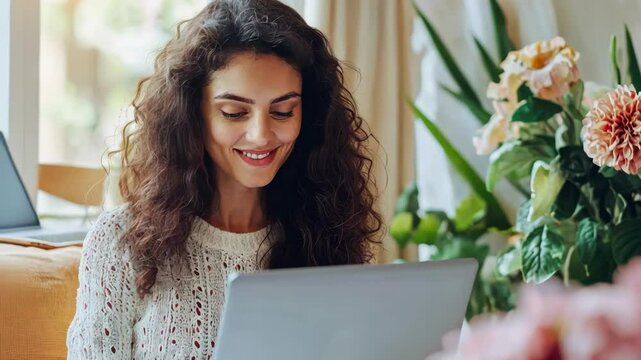 Smiling young adult woman with curly hair using laptop at home surrounded by flowers