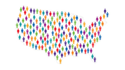 Colorful human icons form the shape of Usa map
