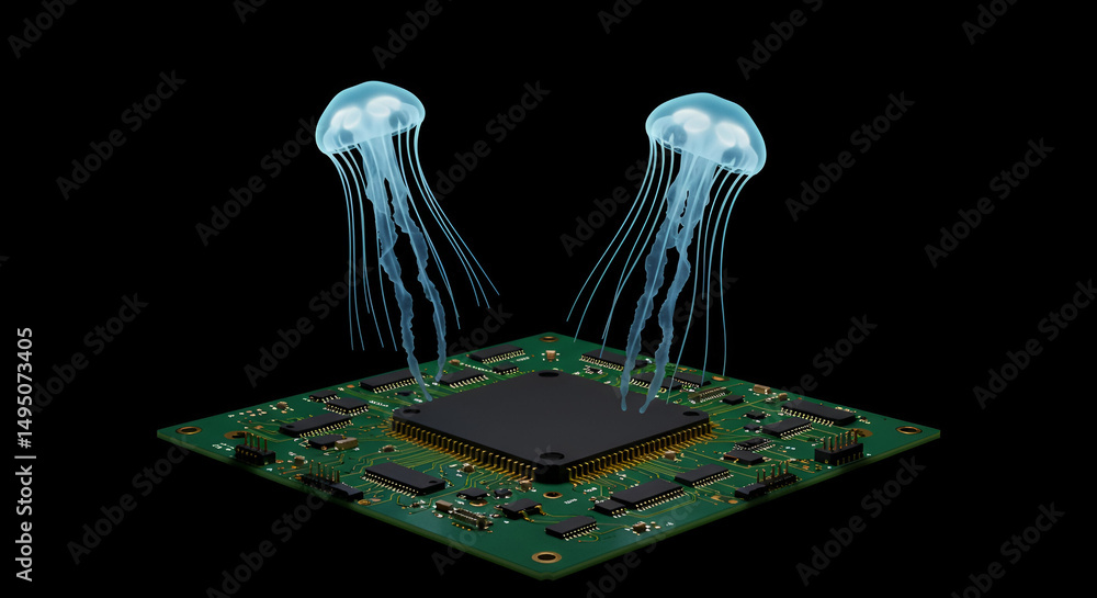 Aufkleber abstract jellyfish hovering above a circuit board. a digital illustration of translucent jellyfish h
