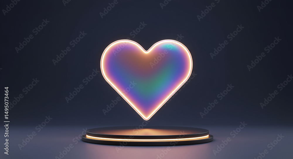 Aufkleber abstract iridescent heart shape on a dark pedestal with glowing outline. 3d rendering of a heart gra