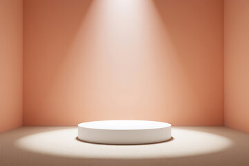 White round podium illuminated by spotlight in a peach colored room