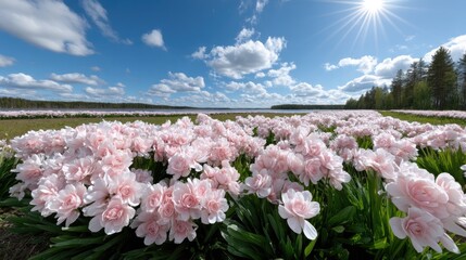Obraz premium Pink ranunculus flowers flourish in a field beneath a stunning blue sky, illuminated by rays of sunlight breaking through clouds