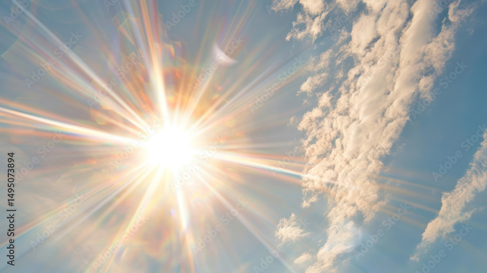 Poster sunlight with rays and soft clouds in a clear blue sky capturing a serene and luminous atmosphere fo