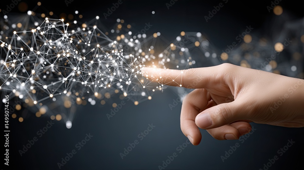 Poster a hand interacts with abstract glowing particles, creating a connection in a high-tech environment f