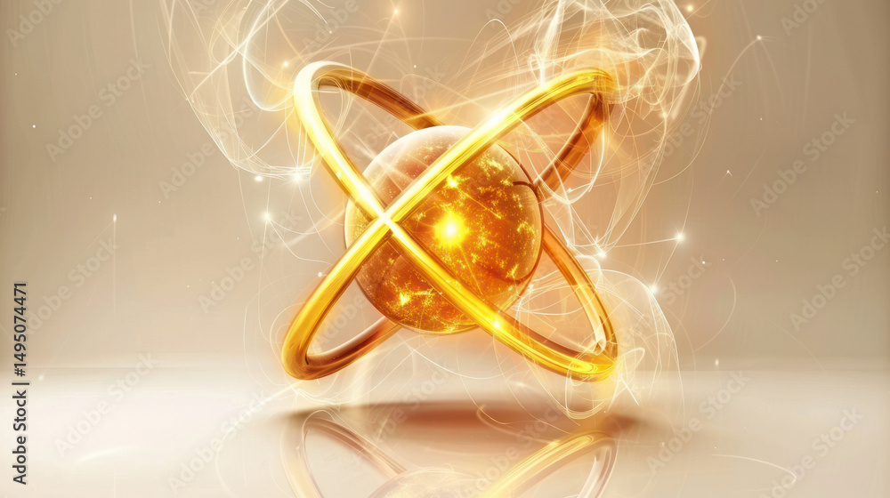 Poster golden atom model with energetic swirls and radiant glow representing atomic structure and modern sc