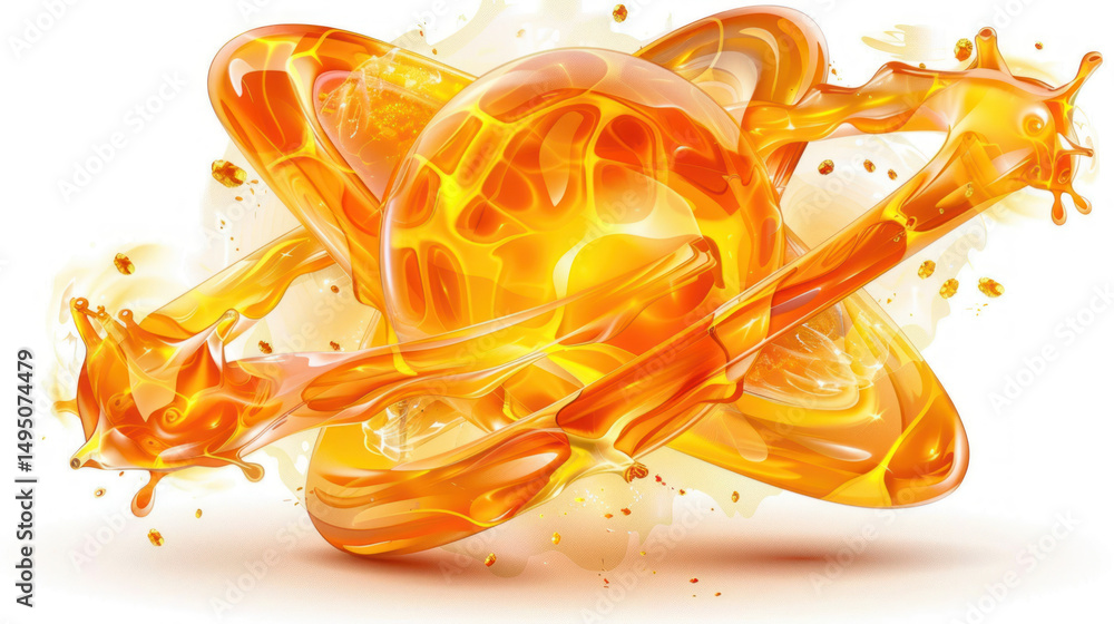 Poster orange planet illustration with dynamic fluid motion and splash effects, creating a mesmerizing cosm