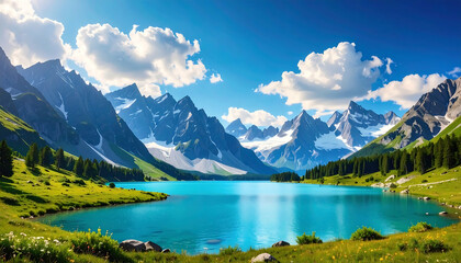 Serene Mountain Lake & Peaks Landscape - Panoramic Landscapes