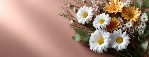 Fototapeta premium Bright white daisies and soft pink flowers are elegantly arranged against a pastel pink background, offering a clean and beautiful display