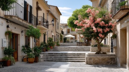 Naklejka premium Explore a picturesque street vibrant bougainvillea, rustic stone steps, and beautiful white walls under a clear sky