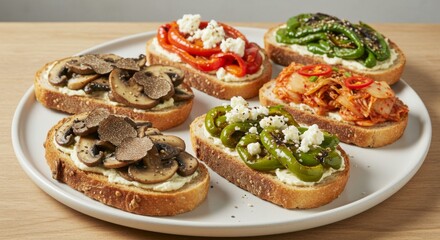 Fototapeta premium Assorted Toasts with Mushrooms Peppers Kimchi and Cheese